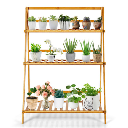 3-Tier Bamboo Plant Stand – Foldable Display Shelf for Balcony & Garden