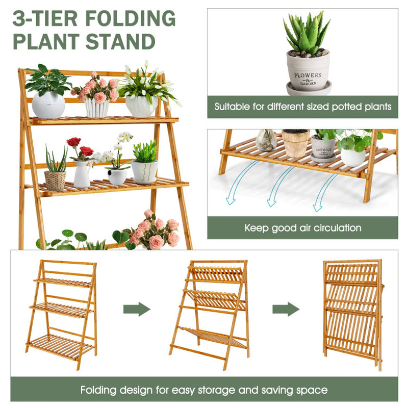 3-Tier Bamboo Plant Stand – Foldable Display Shelf for Balcony & Garden