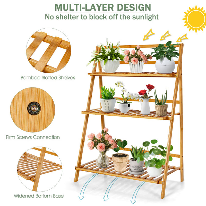 3-Tier Bamboo Plant Stand – Foldable Display Shelf for Balcony & Garden