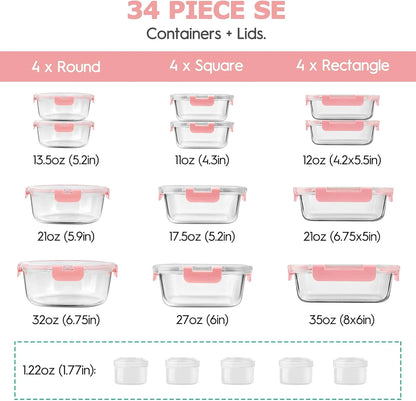 34-Pcs Glass Food Storage Set – Airtight Meal Prep Made Easy