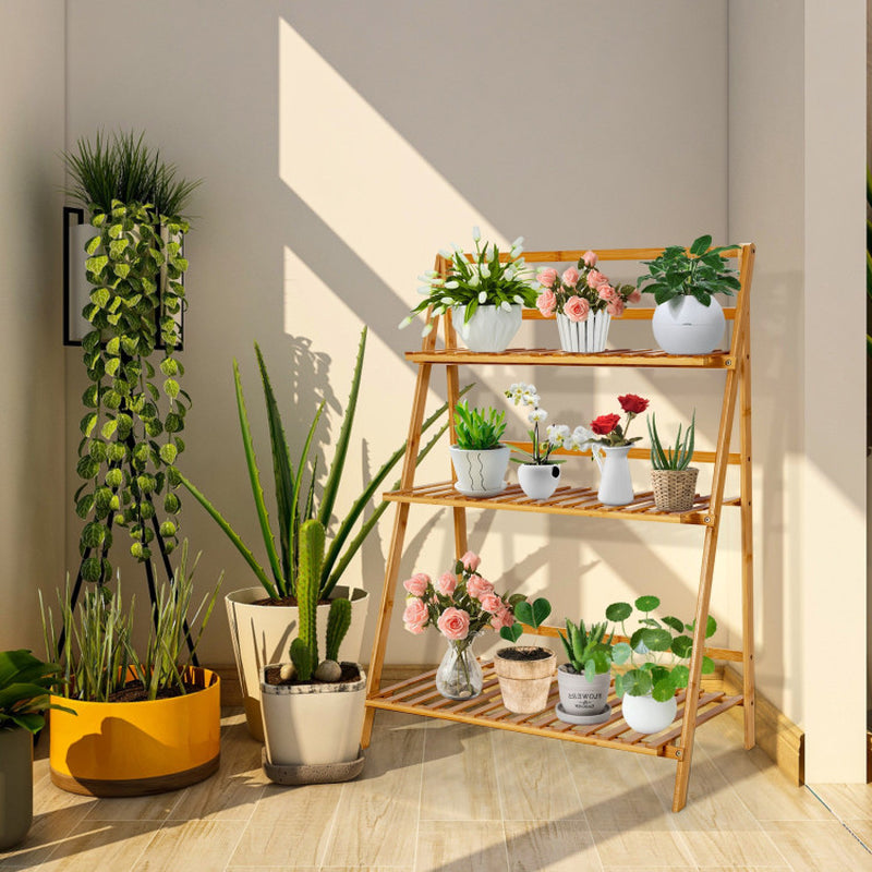 3-Tier Bamboo Plant Stand – Foldable Display Shelf for Balcony & Garden