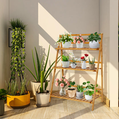 3-Tier Bamboo Plant Stand – Foldable Display Shelf for Balcony & Garden