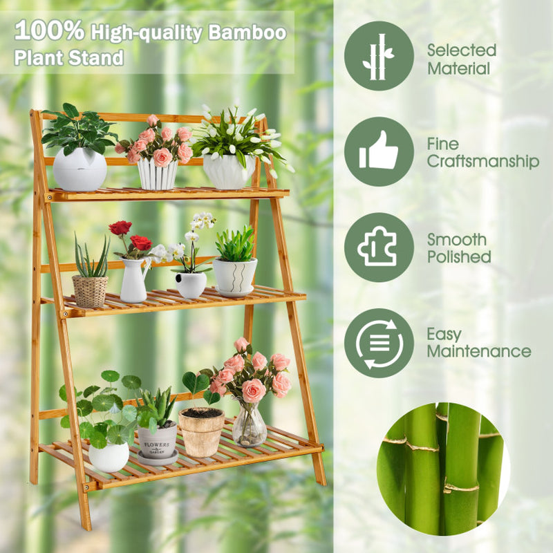 3-Tier Bamboo Plant Stand – Foldable Display Shelf for Balcony & Garden
