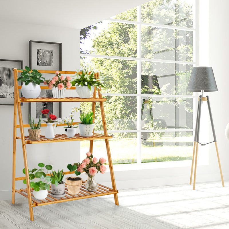 3-Tier Bamboo Plant Stand – Foldable Display Shelf for Balcony & Garden