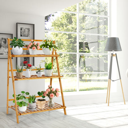 3-Tier Bamboo Plant Stand – Foldable Display Shelf for Balcony & Garden